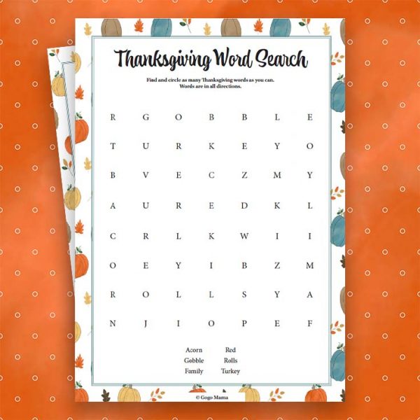 Thanksgiving Word Search Easy
